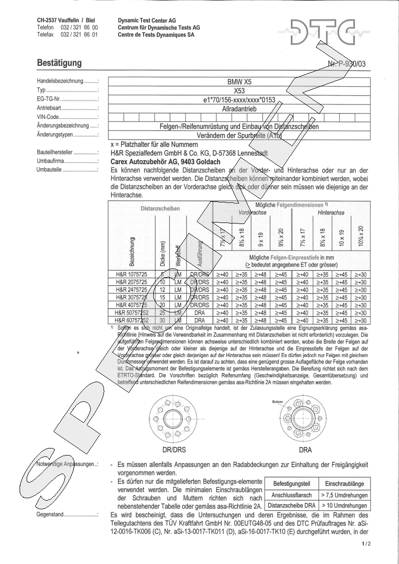 H&R DTC Zertifikat - H&R Spurverbreitungen P-930/03