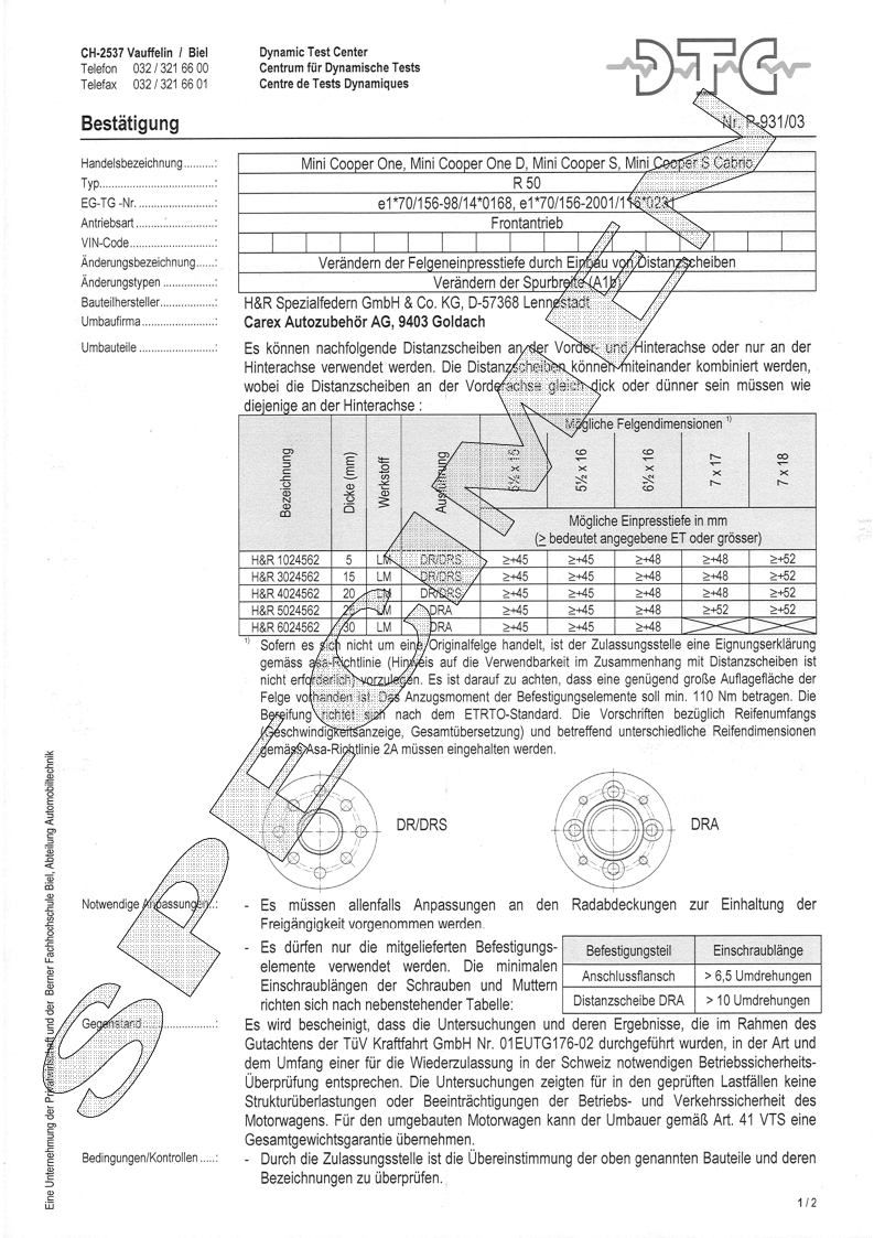 H&R DTC Zertifikat - H&R Spurverbreitungen P-931/03