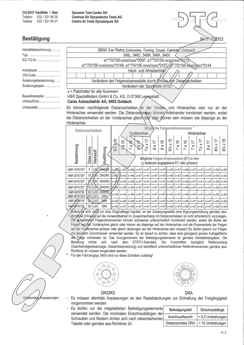 H&R DTC Zertifikat - H&R Spurverbreitungen P-932/03