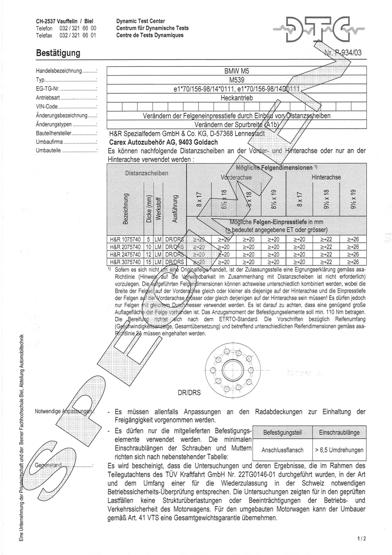 H&R DTC Zertifikat - H&R Spurverbreitungen P-934/03
