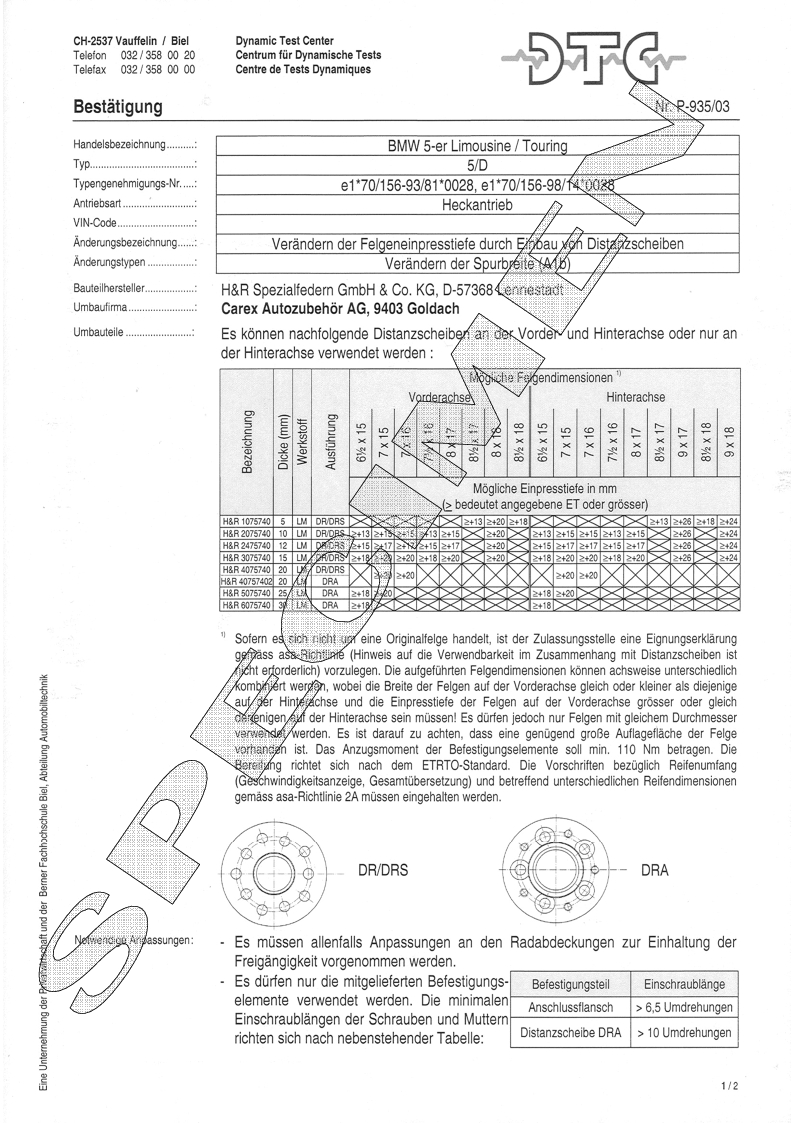 H&R DTC Zertifikat - H&R Spurverbreitungen P-935/03
