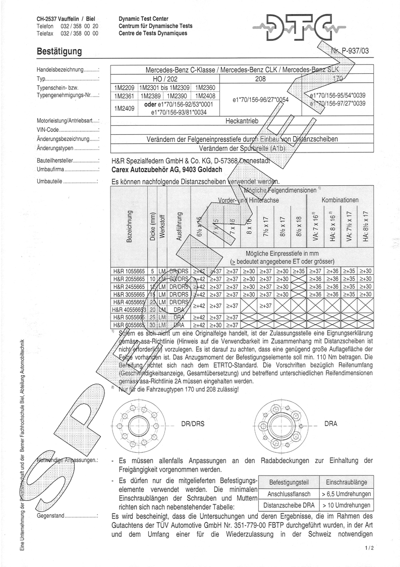 H&R DTC Zertifikat - H&R Spurverbreitungen P-937/03