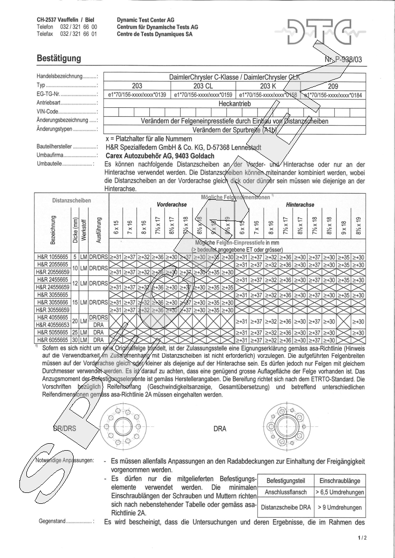 H&R DTC Zertifikat - H&R Spurverbreitungen P-938/03