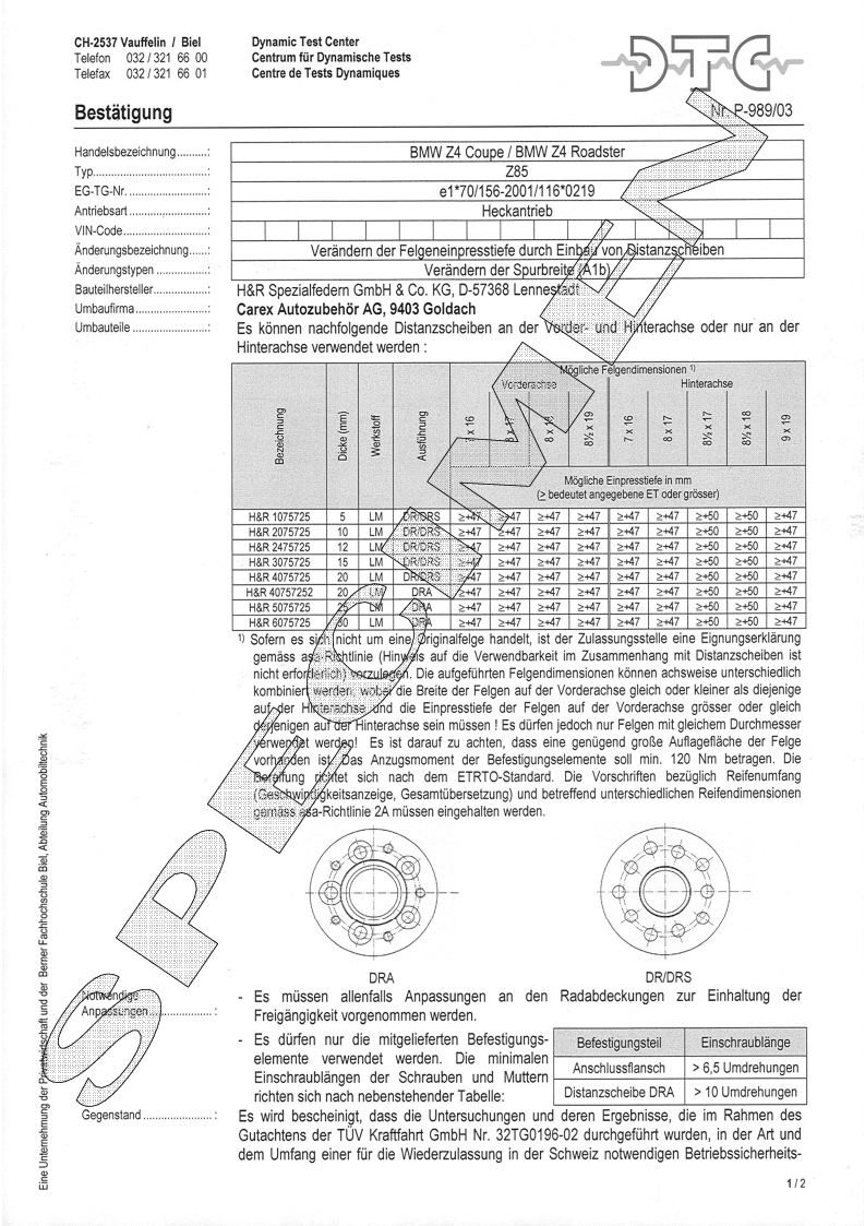 H&R DTC Zertifikat - H&R Spurverbreitungen P-989/03