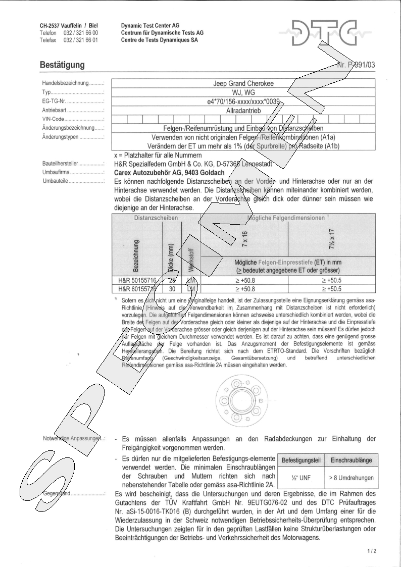 H&R DTC Zertifikat - H&R Spurverbreitungen P-991/03