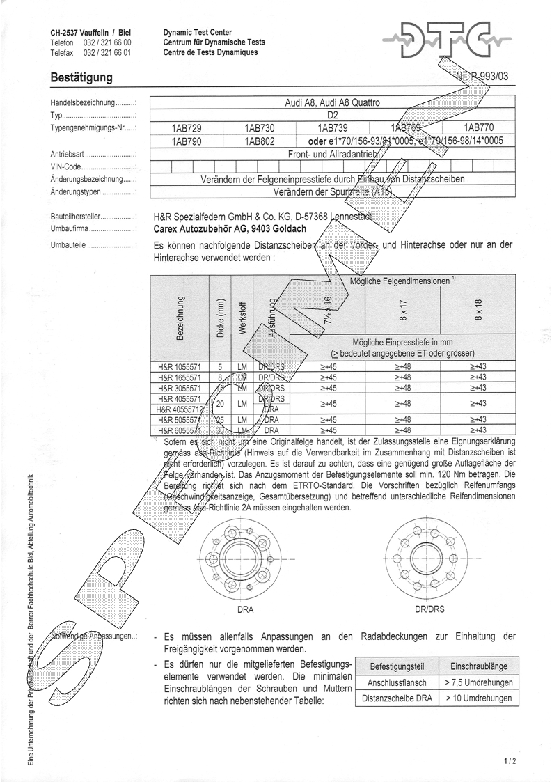 H&R DTC Zertifikat - H&R Spurverbreitungen P-993/03