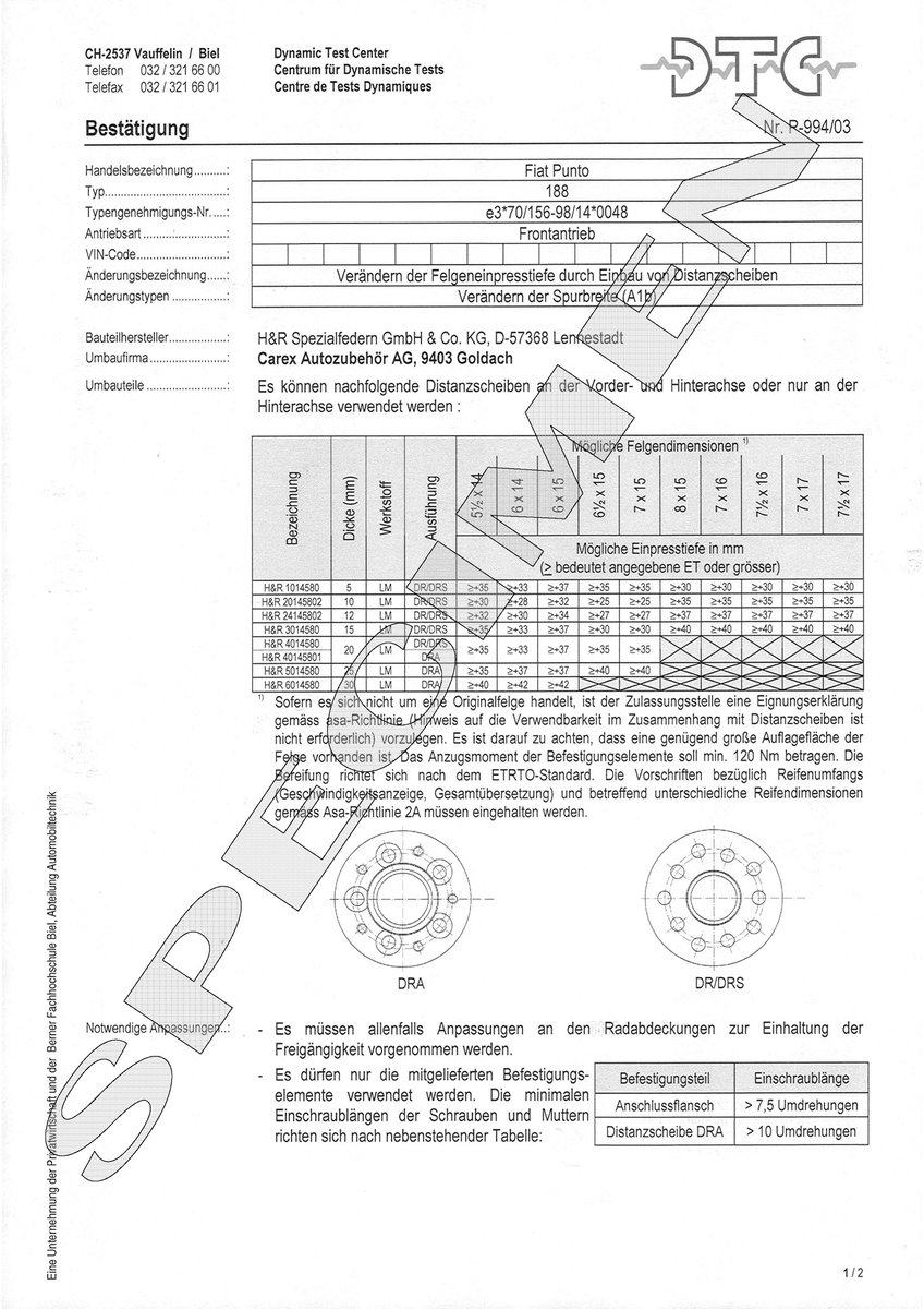 H&R DTC Zertifikat - H&R Spurverbreitungen P-994/03