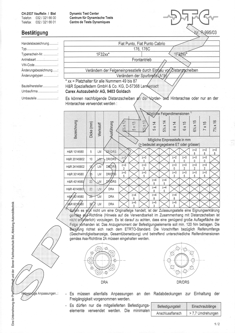 H&R DTC Zertifikat - H&R Spurverbreitungen P-995/03