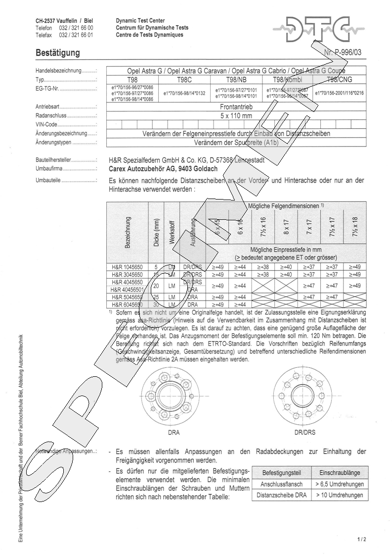 H&R DTC Zertifikat - H&R Spurverbreitungen P-996/03