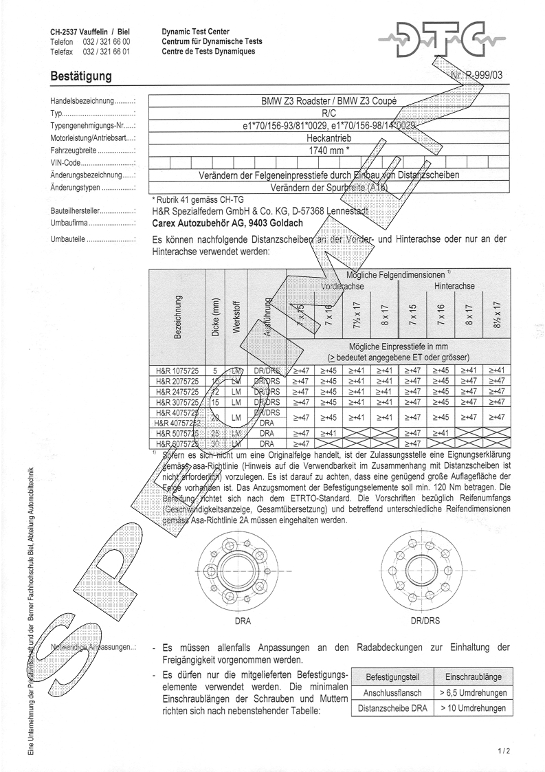 H&R DTC Zertifikat - H&R Spurverbreitungen P-999/03