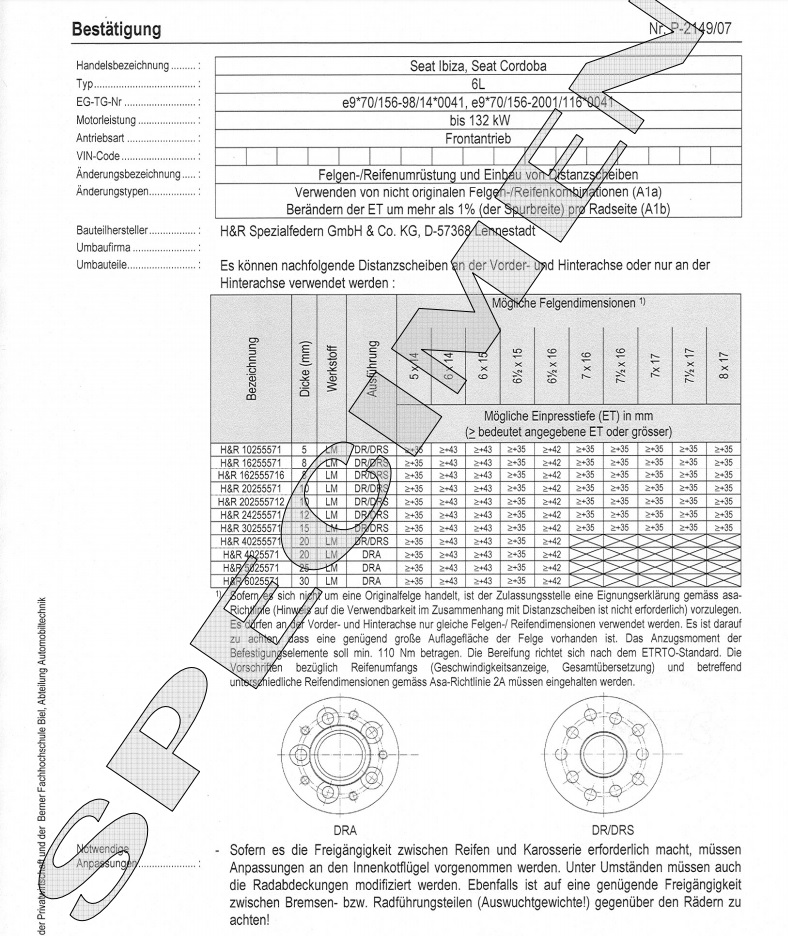 KW Suspension DTC Prüfbericht für Fahrwerke (ohne Schweizer Kaufnachweis) KWDTC1