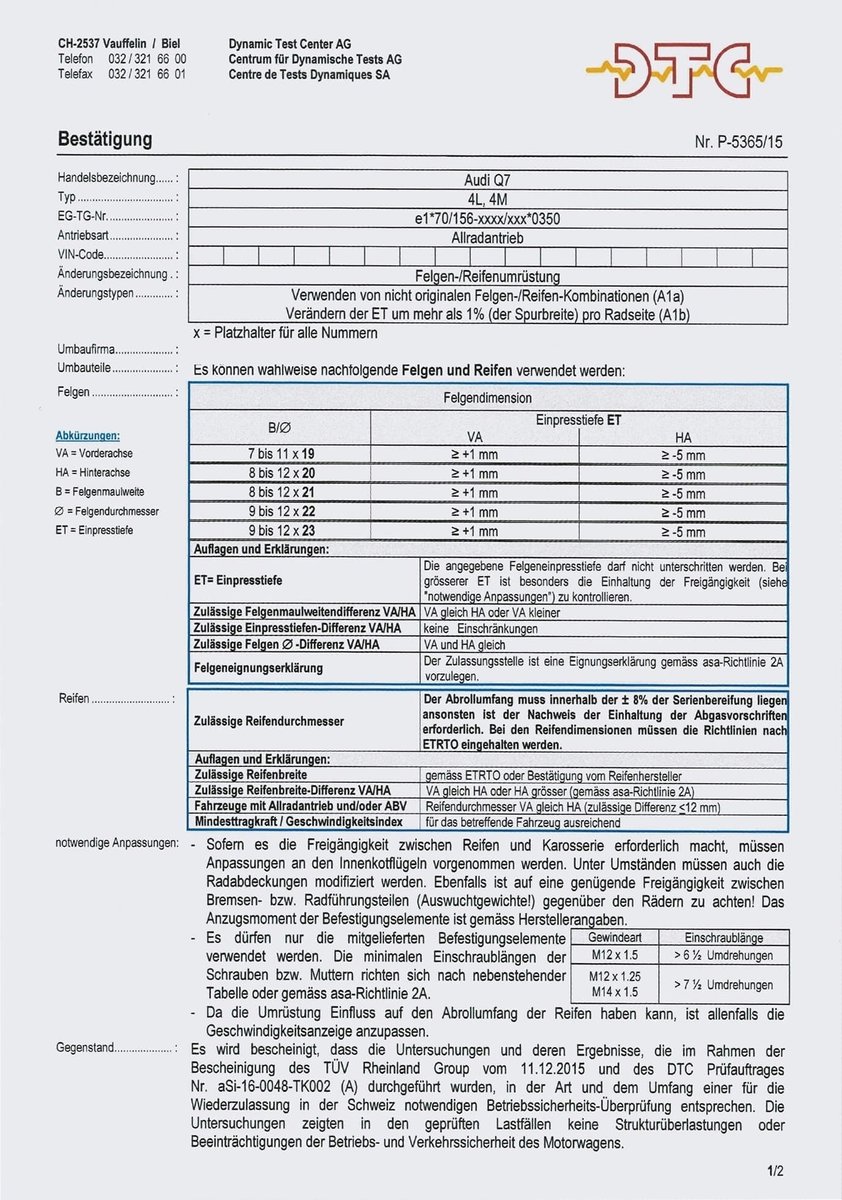 Power Tech DTC Zertifikat - Power Tech Spurverbreitungen P-1191/04