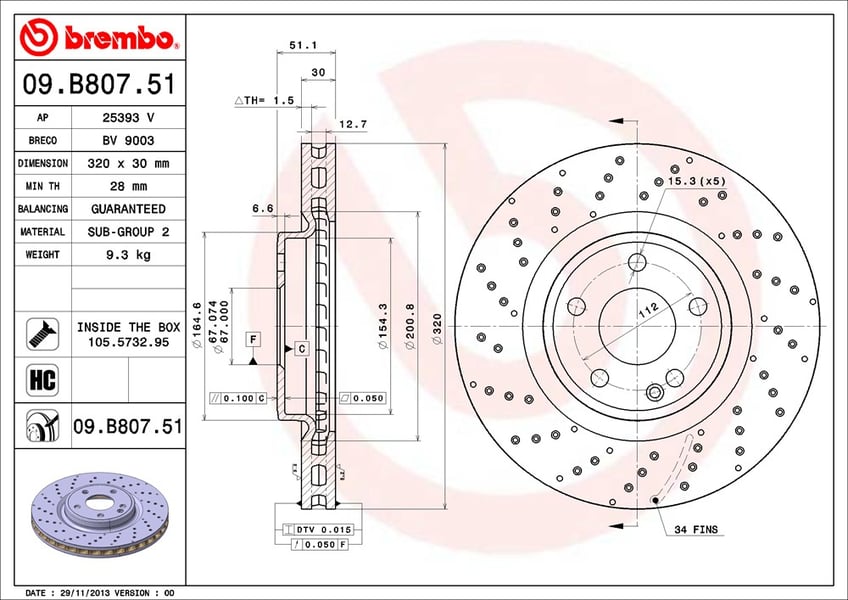 Brembo Bremsscheibe - gelocht/beschichtet 09.B807.51